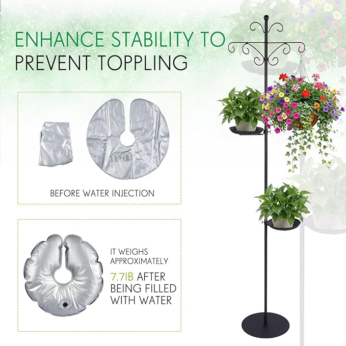 1 Set Upgraded 75.9" Shepherds Hook for Bird Feeder, Hanging Plant Wind Chime Stand, Metal Adjustable Standing Pole Holder for Indoor Outdoor, with 2 Rack & Weight Bag (Vintage 2 Hooks)