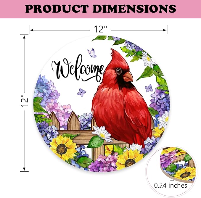 Welcome Spring Summer Cardinal Front Door Sign, Red Bird Hydrangea Sunflower Wood Door Hanger Outdoor Outside Porch Decor, Daisy Flower Seasonal Wooden Wreath Indoor Wall Hanging Decoration