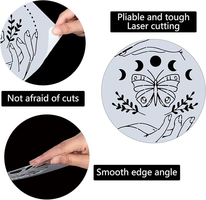 GORGECRAFT 12"X12"Moon Phase Stencil Butterfly Templates Square Plastic Leaves Drawing Templates Lifting Hands Ring Star Templates Witch Magical Decoration Stencil for Painting on Wood Wall Shirt