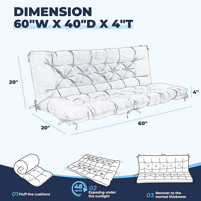 Porch Swing Cushions, Waterproof Swing Cushions Replacement with Backrest, Outdoor Swing Bench Cushions 2-3 Seater Replacement for Patio Furniture 60x40 (Navy)