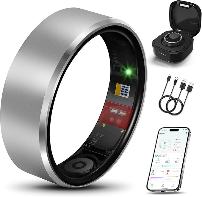 Smart Health Ring 2.0 for Women Men, Slim Scratch & Fingerprint Resistant Design, Efficient Chip Fitness Tracker, Monitors Heart, Blood Oxygen & Pressure, Sleep, Steps, Waterproof, Silver 8