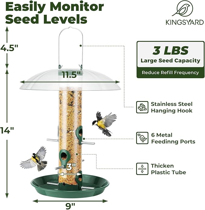 Kingsyard Metal Bird Feeders for Outdoors Hanging, Wild Bird Feeder with Large 11.5" Protective Dome and 8" Removable Tray, 3 lb Seeds Capacity (Green)