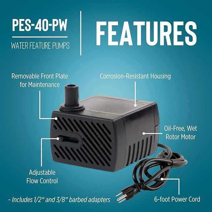 Little Giant PES-40-PW 115-Volt, 45 GPH Magnetic Drive Fountain Pump with 6-Ft. Cord, Black, 566713