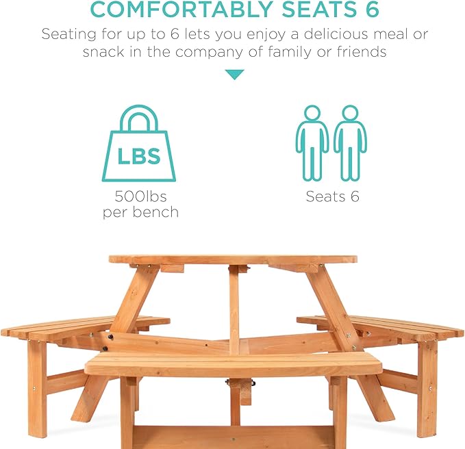 Best Choice Products 6-Person Circular Outdoor Wooden Picnic Table for Patio, Backyard, Garden, DIY w/ 3 Built-in Benches, 500lb Capacity - Natural