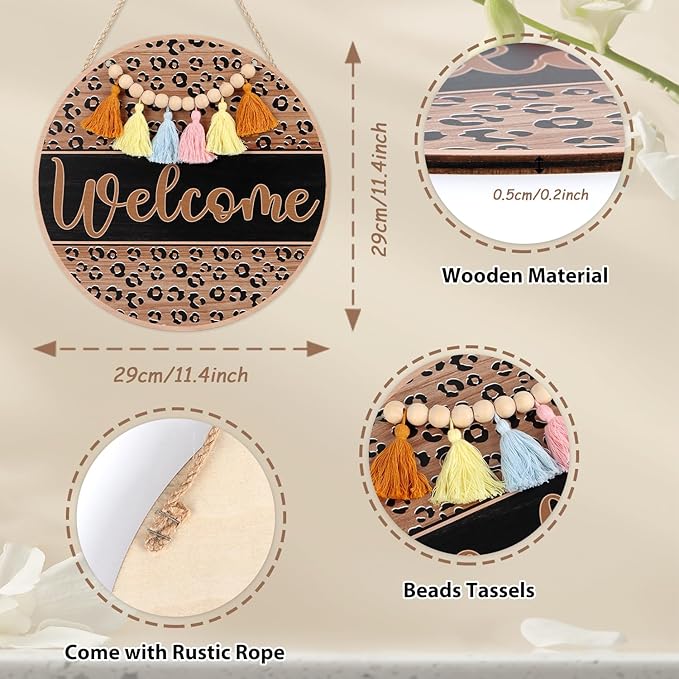 HLNIUC Welcome Hanging Sign Plaque(11”x11”) Rustic Farmhouse Hanging Plaque,Welcome Door Hanger with Beads Tassels,Minimalist Office Wooden Signs,Funny Front Wood Sign for Porch Home Outdoor Indoor