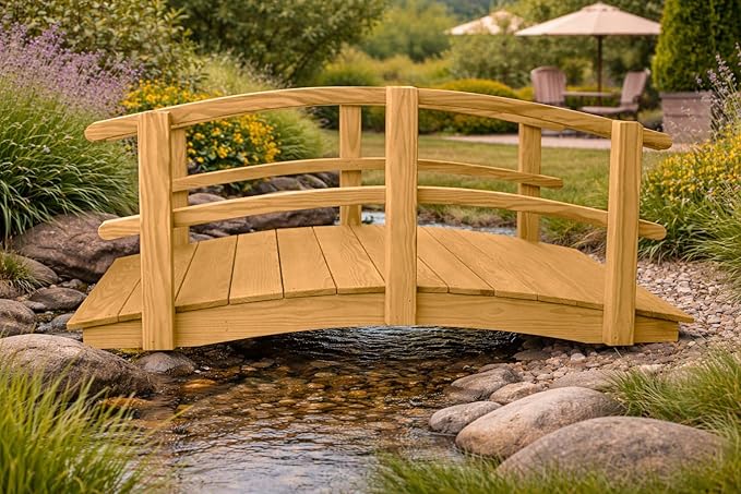 6 FT Oak Amish Made Garden Bridge with Double Rails for Walkway, Backyard Pond & Landscaping, Outdoor Wooden Footbridge for Koi Pond, Japanese Style Decorative Bridge, Made in USA