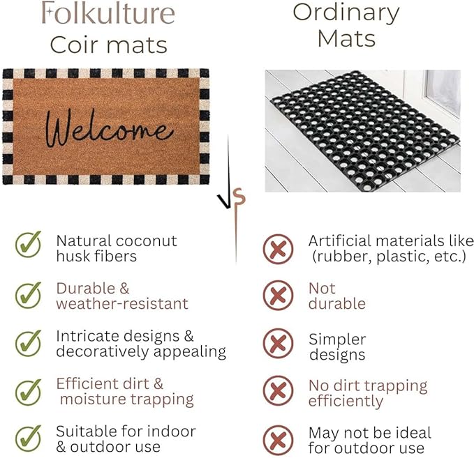 Folkulture Welcome Matt Outdoor | 16 x 28 Door Mats for Front Door Mat Outside Entrance | Eco Friendly | Welcome-Mats Cute | Checkered Coir Door Mats | Outdoor Decor for Home | Durable & Anti Slip