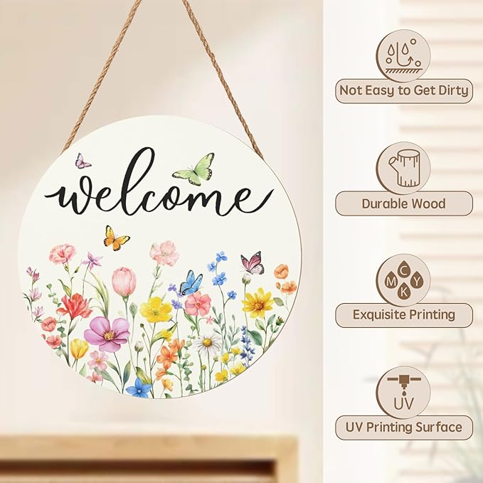 Spring Flowers Welcome Door Sign Colorful Floral Summer Door Hanger Home Decorations Spring Butterfly Wooden Hanging Sign Seasonal Farmhouse for Wall Porch 12x12 Inch