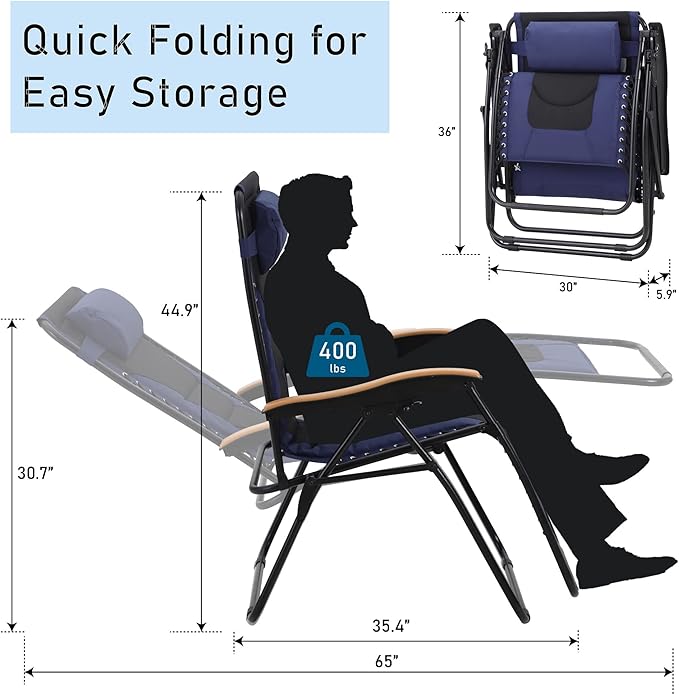 PHI VILLA XXL Oversized Padded Zero Gravity Chair Set of 2, Foldable Patio Recliner, 30" Wide Seat Anti Gravity Lounger with Armrest and Cup Holder, Support 400 LBS (Navy Blue)