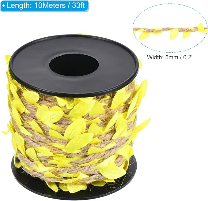 PATIKIL 33ft 5mm Burlap Leaf Ribbon, Braided Decoration Vine Natural Jute Rope Twine with Artificial Leaves for Jungle Wedding Party Home Garden Decor, Yellow