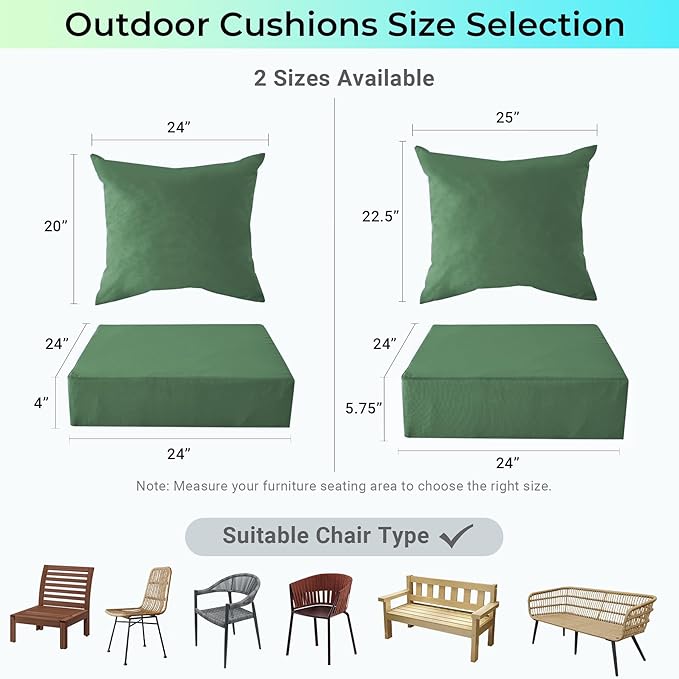 Outdoor Cushions for Patio Furniture,Outdoor Seat Cushion Set 24 x 24 x 5.75 Inch,Waterproof & Fade Resistant Outdoor Chair Cushions,Deep Patio Chair Cushion with Removable Cover,ForestGreen