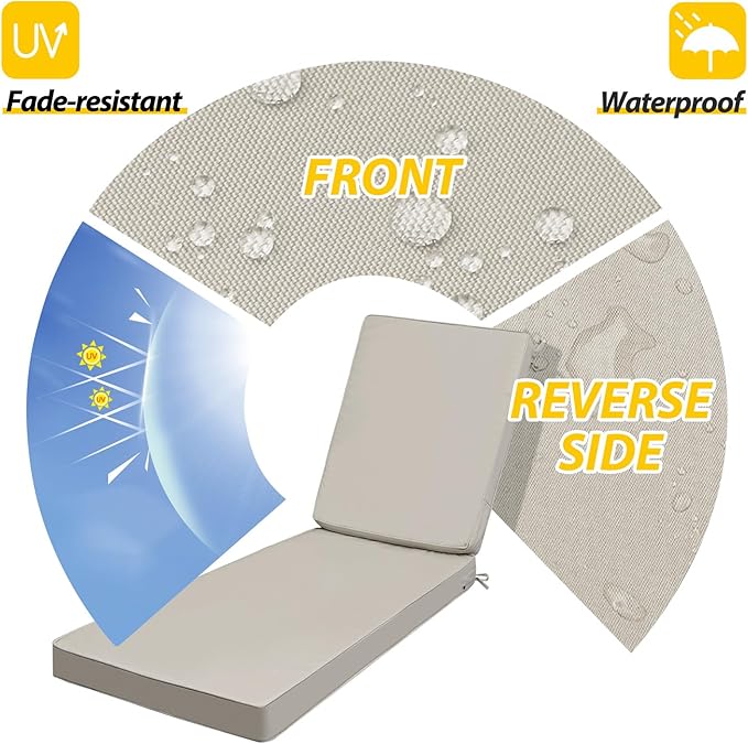 AAAAAcessories Outdoor Chaise Lounge Cushions, Fade-Resistant, Waterproof Patio Furniture Replacement Cushions, 74" x 23" x 3", Beige