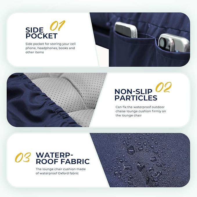 Waterproof Outdoor Chaise Lounge Chair Cushion 74.4 x 22 x 4.7 Inches Lounge Chair Cushions Thickened for Outdoor Furniture with Headrest and Pocket, Replacement Pool Lounge Cushions, Blue