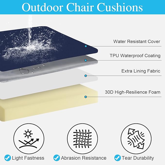 Amagenix Outdoor Chair Cushions Set of 2, 18"x18"x3" Waterproof Outdoor Seat Cushions for Patio Furniture, Stripe Reversible Patio Cushions with Ties & Handle & Hidden Zipper, Fade-Resistant,Navy Blue