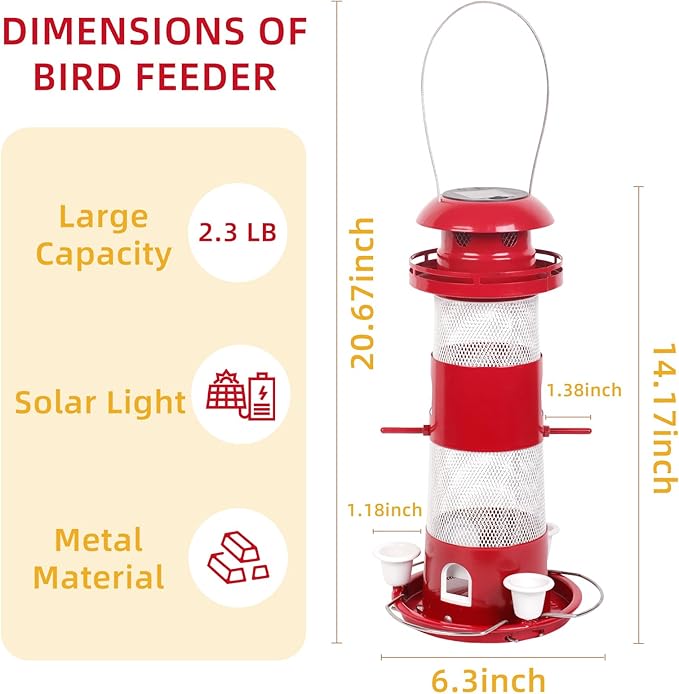 Bird Feeders for Outside, Solar Wild Bird Feeder for Outdoors Hanging, 2.3lbs Metal Birds Seed Feeders with 5 Feed Ports Large Capacity Container Drinking Cups for Wild, Finch