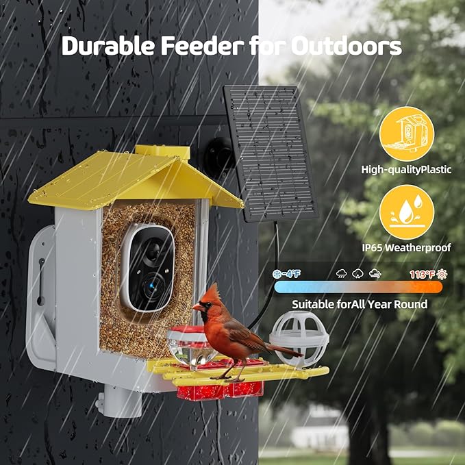 Bird Feeder with Camera 2K HD AI Smart Identify BirdSpecies Solar Panel Outdoors Birdhouse with Cam, Instant Arrival Alerts, Capture BirdVideo, Gifts for Mom Dad (Yellow)