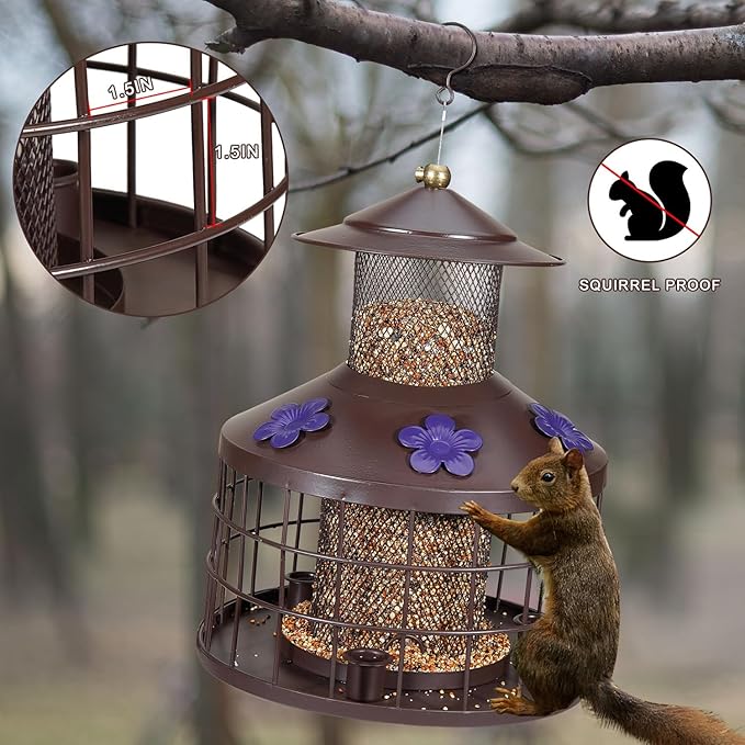 Squirrel Proof Bird Feeder with 3 Water Cups, 4.2LB Large Capacity Outdoor Hanging Bird Feeder with Metal Cage, One-Piece Design No Assembly Needed, Weather Resistant & Stylish for Garden, Yard