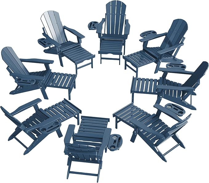 Adjustable Adirondack Chair with Retractable Ottoman Set of 8, HDPE Folding Adirondack Chair with Cup Holder, All Weather Fire Pit Chair for Outdoor.
