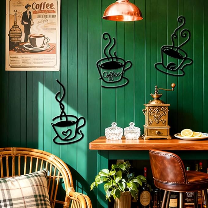 Kitchen Coffee Bar Metal Wall Decor - 3 Pack Rust-Proof Wall Art with Cup, Bean & Heart - Home Bar Signs for Indoor & Outdoor, Living Room, Kitchen, Garden - Housewarming Gift for Coffee & Tea Lovers