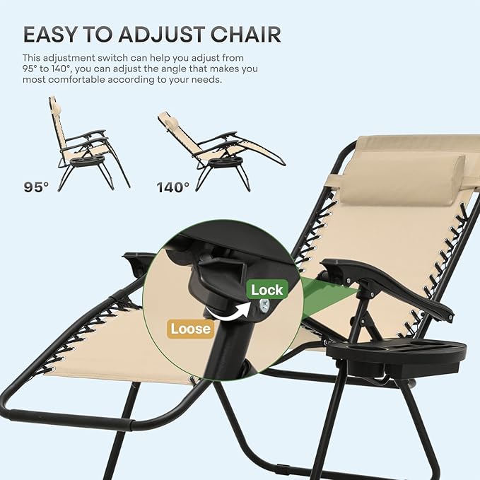 Athena Collection Zero Gravity Chair, Outdoor Lounge Chair with Adjustable Pillow and Cup Holder, Reclining Camping Chair for Outside Beach Lawn Garden Patio Poolside Set to 2- Cream