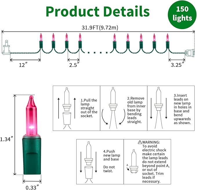 LAMPHOME Pink Valentine's Lights，Valentine's Day Decoration 150 Count 31.9ft UL Certified Mini Bulb String Light for Outdoor Christmas Garland Tree Garden Party Patio Wedding