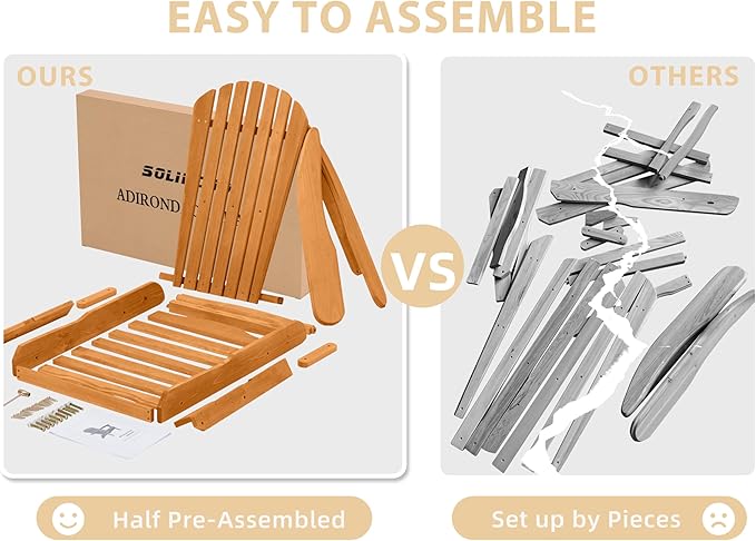 Outdoor Wooden Folding Adirondack Chair with Pre-Assembled BackRest & SeatBoard, Accent Furniture for Patio Backyard Garden Porch Deck Pool Firepit