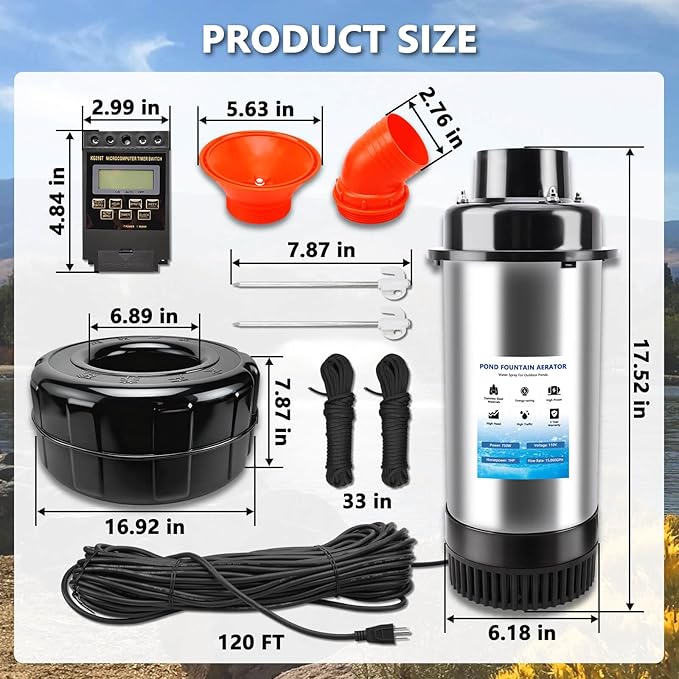 RAMATA Pond Fountain Aerator 1HP 750W 110V/15000 GPH Floating Fountain Pump, 120FT Power Cord, Multifunctional time Controller, Stainless Steel Body, Aerator Pump for Small & Large Ponds and Lakes