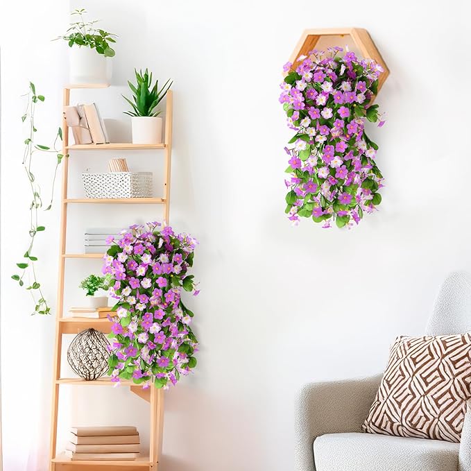 2 Pack Artificial Hanging Flowers, Fake Flowers Hanging Plant Violet Flower, Artificial Faux Silk Spring Flower for Wall Front Door Yard Garden Wedding Outdoor Decoration(Purple)
