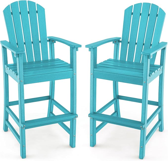 Giantex Set of 2 HDPE Outdoor Bar Stools, All Weather Tall Adirondack Chair with Armrest, Footrest, Load 360Lbs, Counter Height Bar Stool for Patio, Garden, Yard, Indoor Or Outdoor Use (Turquoise)