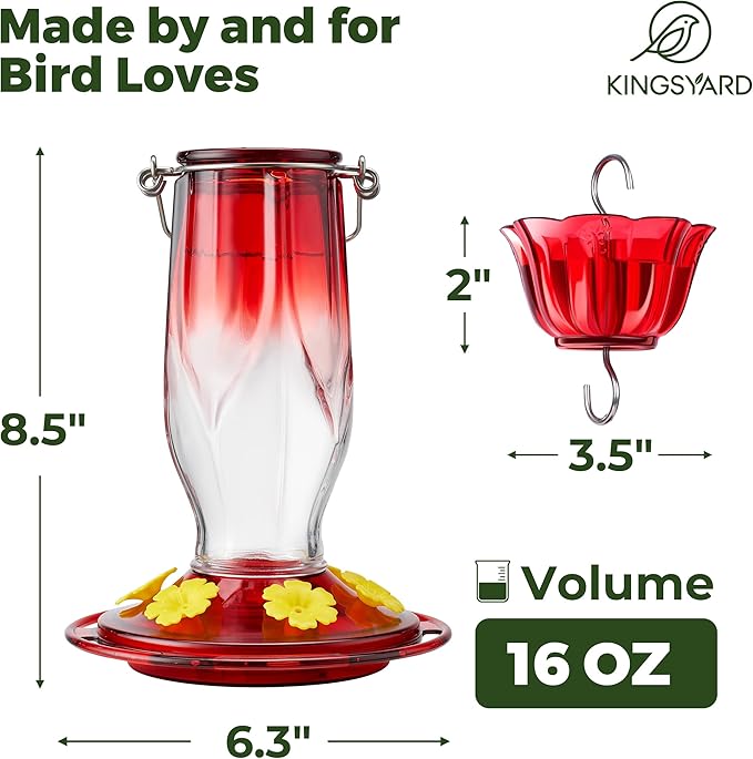 Kingsyard Glass Hummingbird Feeders for Outdoors Hanging, 6 Feeding Ports, 16 Ounces Bird Nectar Feeder, Rustproof Leakproof, Easy to Refill & Clean, Garden Backyard Decor, Ant Moat Included, Red