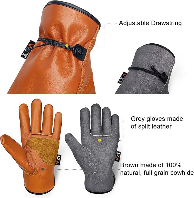2 Pairs Leather Work Gloves for Men or Women, Non-fading Cowhide, for GardeningConstruction, Welding, Yardwork, driver