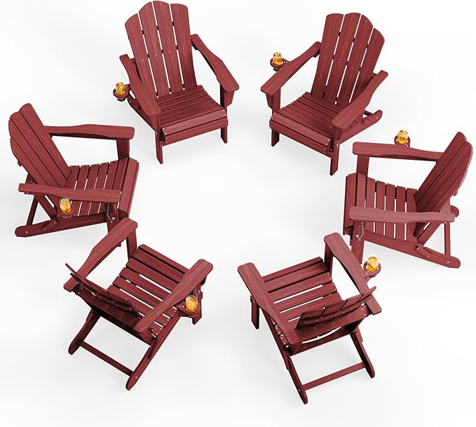 KINGYES Folding Adirondack Chair Set of 6, HDPE All-Weather Patio Chairs with Cup Holder, Wooden Textured Fire Pit Chairs for Poolside, Backyard, Deck, Red