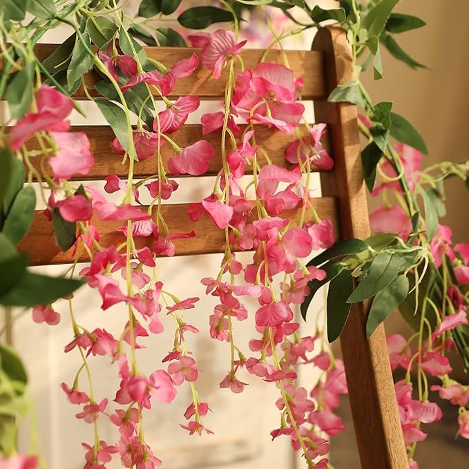 Veryhome 3Pcs 7.2Ft/Piece Artificial Flowers Wisteria Garland Artificial Wisteria Vine Hanging Flower Greenery Garland for Home Garden Outdoor Wedding Arch Floral Decor (Fuchsia)