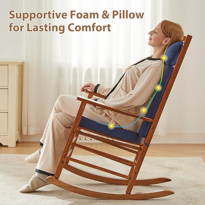 Waterproof Rocking Chair Cushions Outdoor & Indoor, Wooden Rocking Chair Pads set of 2, Non-Slip Large Glider Rocker Replacement Cushions with Pillow & Ties,Seat & Back Cushion for Rocker Blue