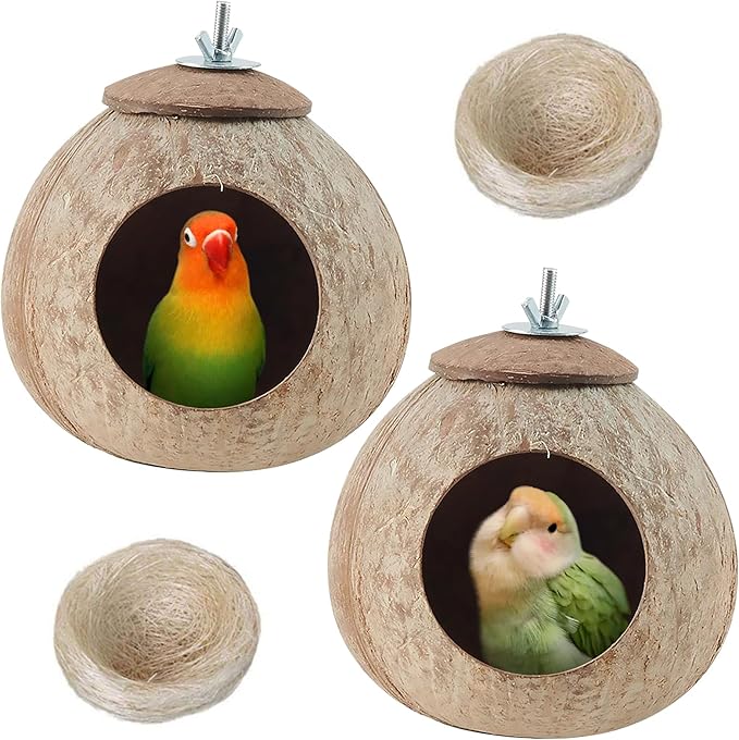 Coconut Bird Nest for Cage Natural Coconut Shell Birds House 2 Pack Parakeet Small Coconut Hide Breeding Hut Bird Cage Accessories for Parrot Lovebirds Budgies Cockatiel Conure Finch Canary