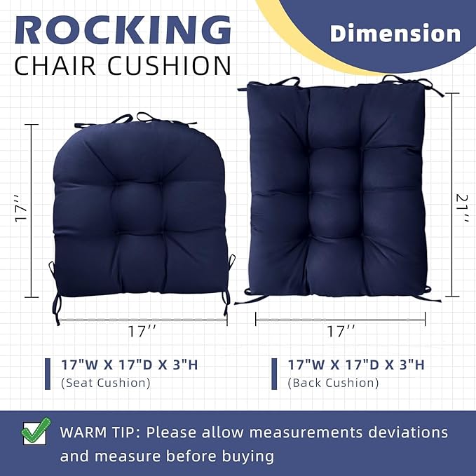 1 Pack Outdoor Chair Cushion Set Dark Blue Rocking Chair Cushion with Ties Overstuffed Seat Back Pad for Outdoor Indoor Chair Use