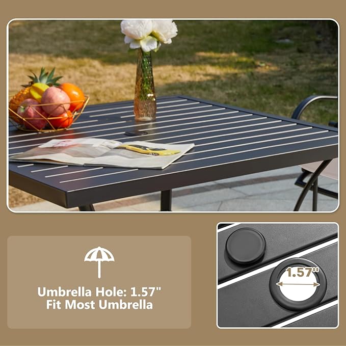 MELLCOM 5 Pcs Outdoor Dining Set, 4 Swivel Rocker Chairs with Thick Cushions & Square Dining Table with Umbrella Hole, Patio Furniture Set for Porch, Beige