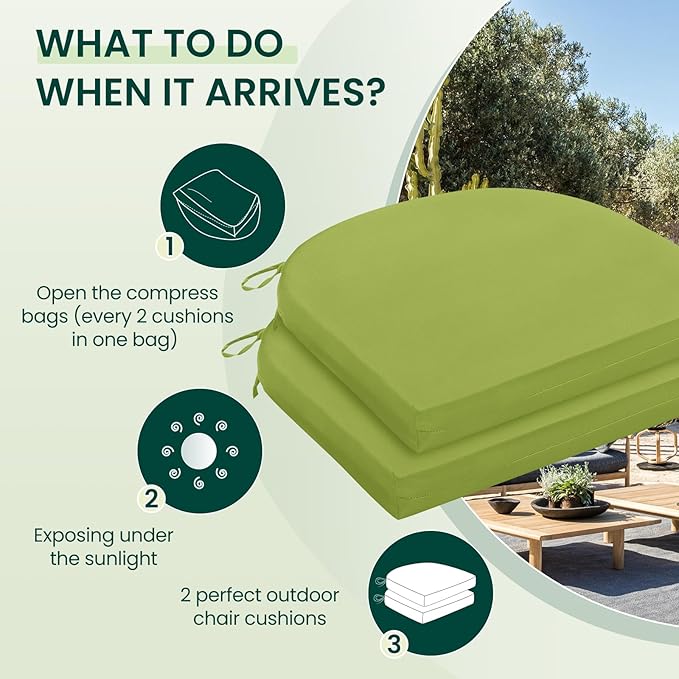 HARBOREST Outdoor Chair Cushions Set of 2, Water Resistant Patio Chair Cushions with Ties, Outdoor Seat Cushions for Patio Furniture, 17"x16"x2", Grass Green