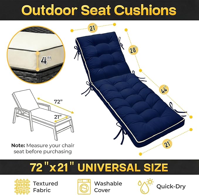 72x21 Inch Folding Chaise Lounge Cushion Quick Dry - Outdoor Sun Lounger Seat Pad with Shredded Foam for Patio Furniture, Deck Chairs, Poolside (Blue, 72 INCH × 21 INCH)