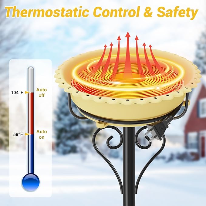 Heated Bird Bath for Outside Winter, Powerful 100W Thermostat Control Water Heated BirdBaths Bowl for Outdoors with 5-Prong Metal Base Heated Bird Bath for Garden Patio Yard Lawn (Beige)
