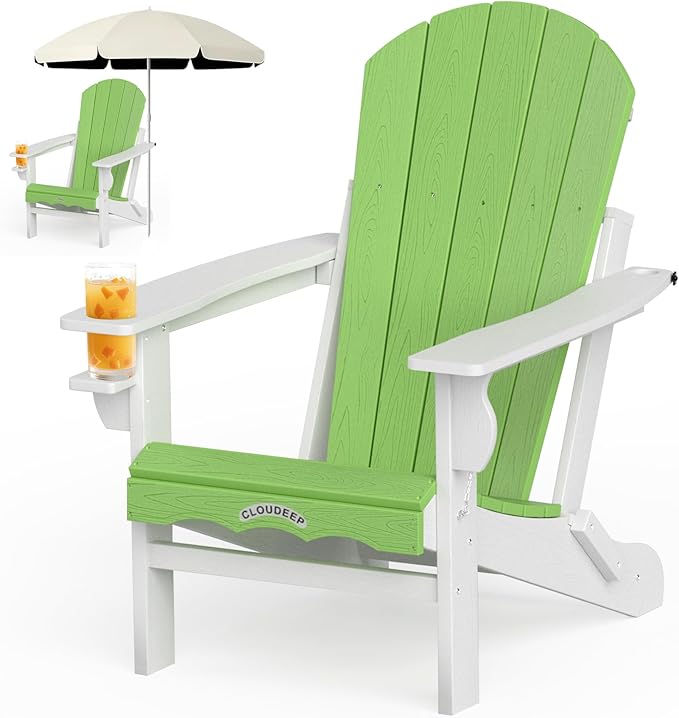 Folding Adirondack Chair –Recyclable HDPE Outdoor Adirondack Patio Chair with Cup Holder, Wood Texture & Umbrella Hole, 25-Year Fade-Free All Weather for Fire Pit, Porch, Poolside, Deck, Lime & White