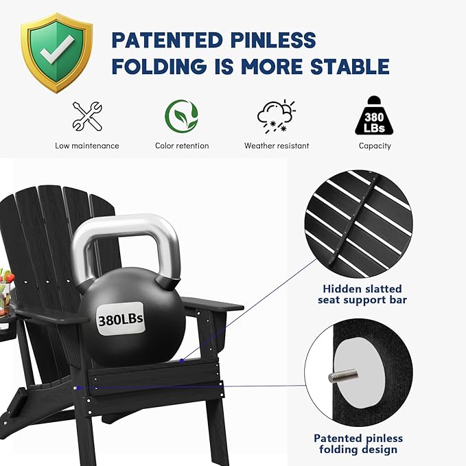 Plawdlik Folding Adirondack Chair, Cup Holder, SGS Tested, Wooden Textured，Heavy All-Weather HDPE Comfortable Set Poolside Backyard Lawn Black Set 2
