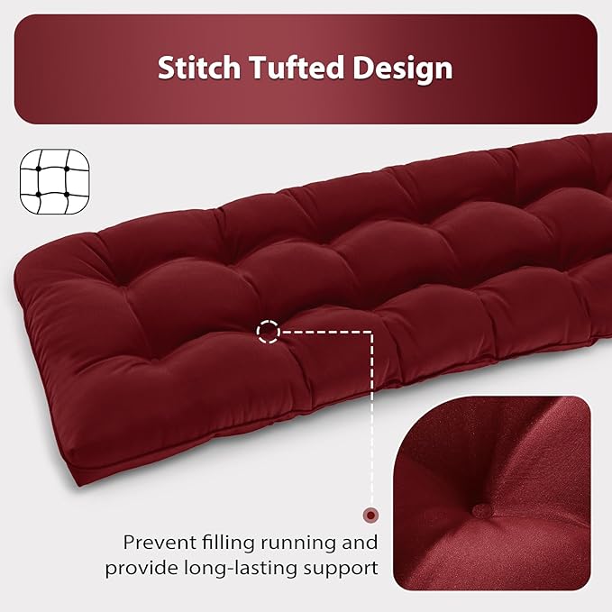 Tufted Bench Cushions for Outdoor Furniture, 59" x 18" Porch Swing Cushions Filled with Foam, Overstuffed Patio Cushions for Bench Loveseat with 2-3 Seats,Thick and Water Resistant, Burgundy