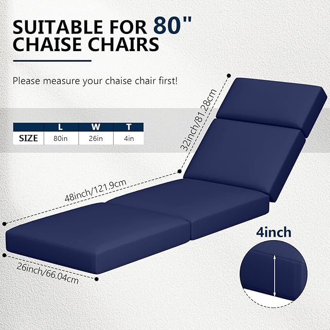 2 Pcs Chaise Lounge Cushions Outdoor, 80 x 26 x 4 Inch Lounge Chair Cushions for Outdoor Furniture - Waterproof Lounge Patio Replacement Cushion, 4In Fade-Resistant ThickPatio Chaise Lounge Cushion