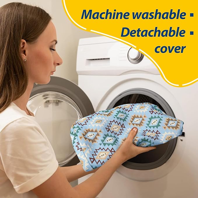 AAAAAcessories D-Shaped Chair Cushions, 2" Thick Dining Chair Pads with Ties and Removable, Machine-Washable Cover, 17" x 16", Set of 8, Geometric Blue