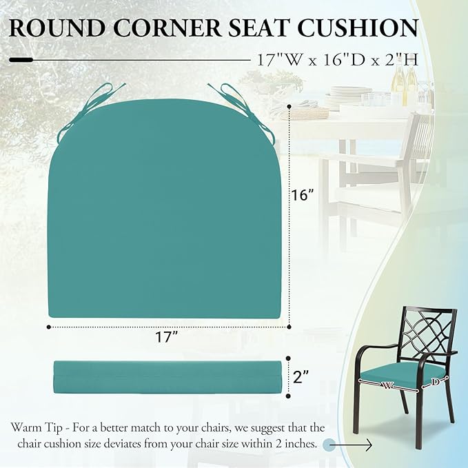 Wellsin Outdoor Chair Cushions for Patio Furniture - Patio Chair Cushions Set of 6 - Water Resistant Round Corner Outdoor Seat Cushions 17"X16"X2", Teal