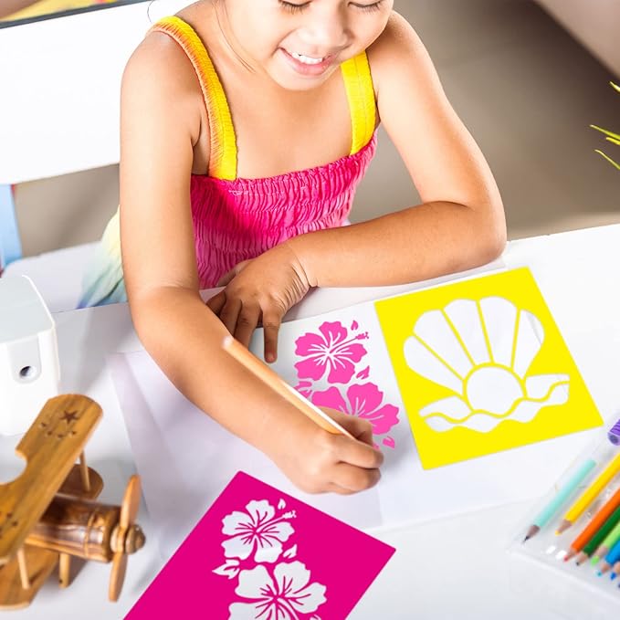 24 Pieces Summer Stencils for Kids 8 Inches Drawing Chalk Stencils Large Washable Aloha Themed Primary Shape Template for Kids Toddlers Preschooler