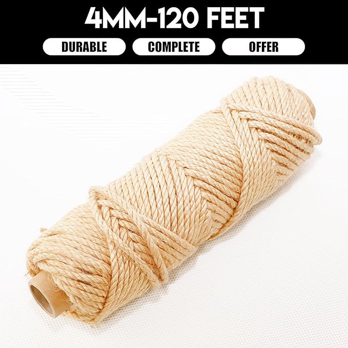 4MM Natural Jute Twine String — 120Ft Brown Durable Jute Rope, Used for Hand Crochet, Climbing Plant, Gardening Flowers, Home Decorations, Art Crafts Gift Packaging, Weddings, Christmas