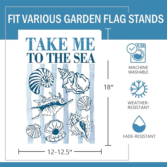 Nautical Conch Shell Decorative Garden Flag, Coastal Beach Take Me To The Sea Small Yard Outside Decorations, Summer Blue Stripes Ocean Burlap Outdoor Home Decor Double Sided 12 x 18