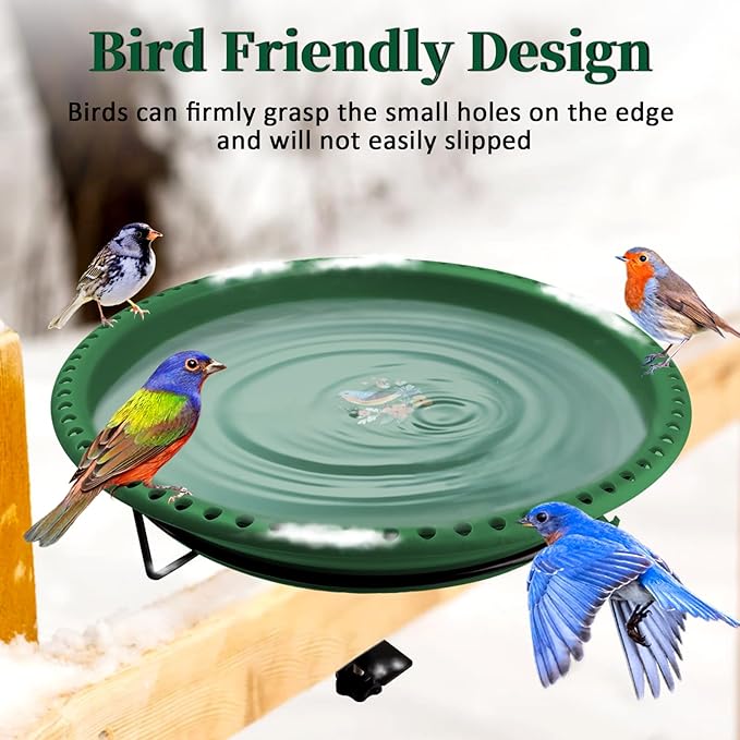 Daoeny Heated Bird Bath for Deck Railing, Upgraded 100W Heated Bird Baths for Outdoors Thermostat Control, Heated Bird Bath for Outside Winter Garden Yard Patio Decor (Green)